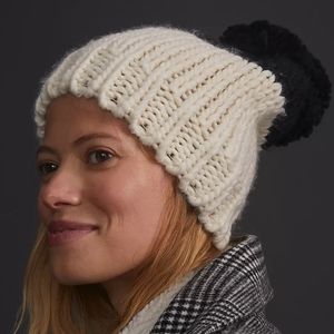 Anthropologie Colorblock Pommed Beanie- ivory/black